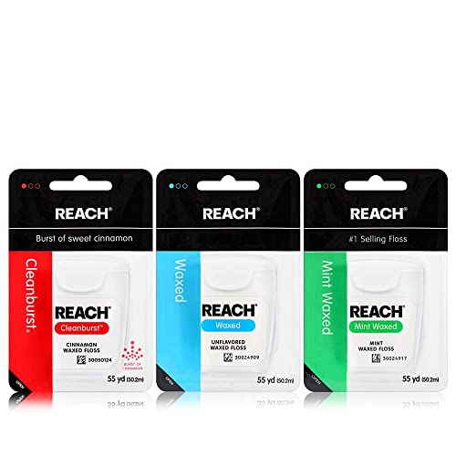 Reach Waxed Dental Floss Variety 3 Flavor Pack | Effective Plaque Removal, Extra Wide Cleaning Surface | Shred Resistance, Slides Smoothly & Easily | Unflavored, Mint, Cinnamon, 55 Yards Each