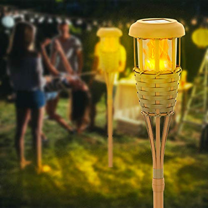 Evelynsun Flickering Flames Solar Powered Lights - Upgraded Solar Torches Waterproof Outdoor Decorative Lighting Auto On/Off, Handmade Bamboo Finish, 2-Pack