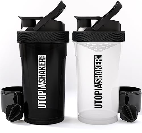 Utopia Home 2-Pack Shaker Bottle - 24 Ounce Protein Shaker Plastic Bottle for Pre & Post workout with Twist and Lock Protein Box Storage(All Black & Clear/Black)