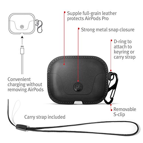 Twelve South AirSnap Pro | Full-Grain Leather Protective Case/Cover with Loss Prevention Clip and Optional Carry Strap for AirPods Pro 1st Gen & 2nd Gen, Black