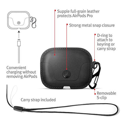 Twelve South AirSnap Pro | Full-Grain Leather Protective Case/Cover with Loss Prevention Clip and Optional Carry Strap for AirPods Pro 1st Gen & 2nd Gen, Black