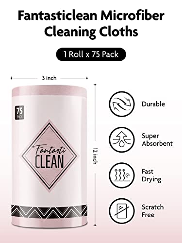 Fantasticlean Microfiber Cleaning Cloth Roll -75 Pack, Tear Away Upaper Towels, 12" x 12", Reusable Washable Rags (Pink)