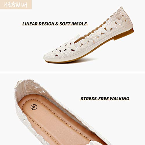 HEAWISH Women's Floral Ballet Flats for Women Black Beige Slip On Flowers PU Leather Round Toe Dress Shoes(Beige, US9)