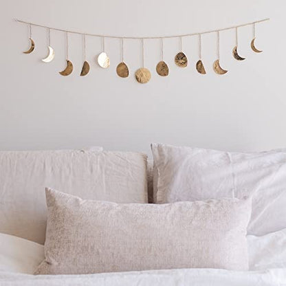 Moon Phase Wall Hanging, Handmade Hammered Gold Metal 13 Moons 36" Garland, Phases of the Moon, Celestial Lunar Art, Bohemian Aesthetic Gold Room Boho Decor for Bedroom Home Dorm Living Room Girl Gift