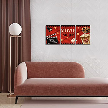 Apicoture Home Theater Wall Decor Movie Night Sign Canvas Wall Art Prints Movie Film Reels Popcorn Lamplight Painting Prints Media Room Home Cinema Wall Framed 12"x16"x3 Pieces