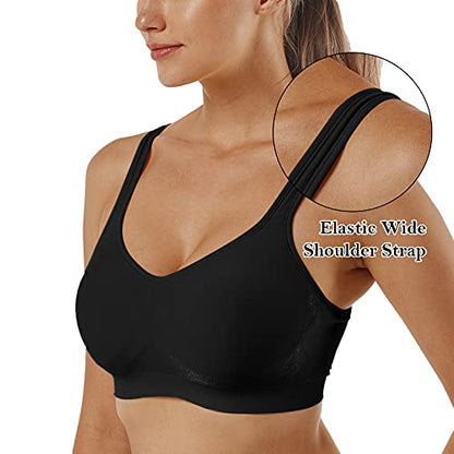 Vertvie Wirefree Bras for Women Seamless Full Cup Sports Bras Plus Size Bralette Adjustable Workout Bra for Everyday Wear(3 Pack-Black+White+Khaki,2XL)