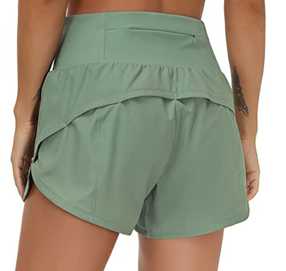 THE GYM PEOPLE Womens High Waisted Running Shorts Quick Dry Athletic Workout Shorts with Mesh Liner Zipper Pockets (Jasmine Green, Medium)