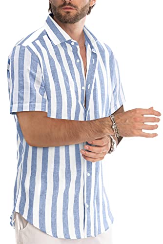 JMIERR Men's Summer Casual Stylish Short Sleeve Button-Up Shirts Cotton Linen Vertical Striped Business Dress Shirts Beach Cruise Shirt Resort Wear Old Money Aesthetic Clothes, US 43(L), Sky Blue