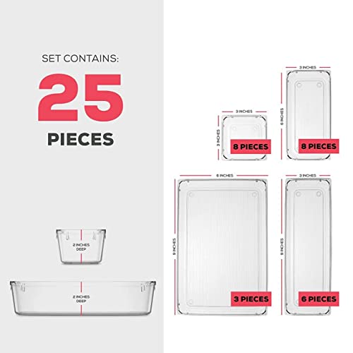 25 Pcs Drawer Organizer Set Dresser Desk Drawer Dividers - 4 Size Bathroom Vanity Cosmetic Makeup Trays - Multipurpose Clear Plastic Storage Bins for Jewelries, Kitchen Gadgets and Office Accessories