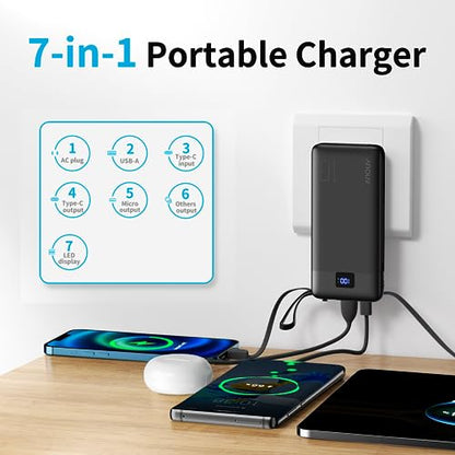 ANOUV Portable Charger with Built-in Cables&AC Wall Plug,10000mAh Power Bank,PD 22.5W USB-C Fast Charging External Battery Pack with LED Display Compatible with iPhones and All Smart Device