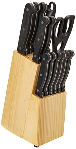 Amazon Basics 14-Piece Kitchen Knife Set with High-Carbon Stainless-Steel Blades and Pine Wood Block, Black