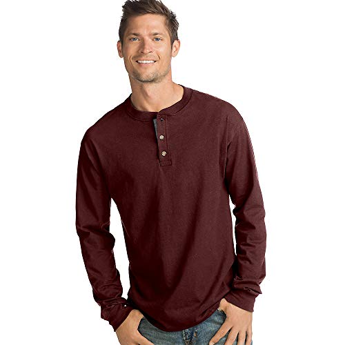 Hanes mens Beefy Long Sleeve Three-button Henley Shirt, Mulled Berry, Large US