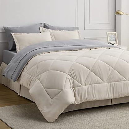 Bedsure Beige Twin XL Comforter Sets - 5 Pieces Reversible Twin XL Bedding Sets, Bed Sets Comforters, Sheets, Pillowcase & Sham, Grey XL Twin Bed in a Bag for College