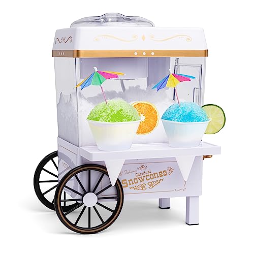 Nostalgia Snow Cone Shaved Ice Machine - Retro Table-Top Slushie Machine Makes 20 Icy Treats - Includes 2 Reusable Plastic Cups & Ice Scoop - White