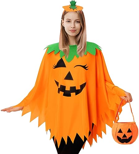 KOFECIT 3PCS Halloween Pumpkin Poncho for Women,Pumpkin Cape Costume with Headband and Candy Bag,Halloween Costume for Women Adults