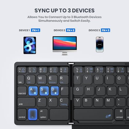 GEODMAER Foldable Bluetooth Keyboard, Portable Full Size Folding Keyboard with Large Touchpad, Numeric Keypad, PU Leather, Wireless Travel Keyboard for Windows iOS Android Mac (Sync up to 3 Devices)
