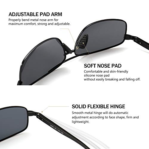 SUNGAIT Ultra Lightweight Rectangular Polarized Sunglasses UV400 Protection (Black Frame Gray Lens, 62) Metal Frame 2458 HKH