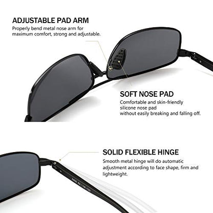 SUNGAIT Ultra Lightweight Rectangular Polarized Sunglasses UV400 Protection (Black Frame Gray Lens, 62) Metal Frame 2458 HKH