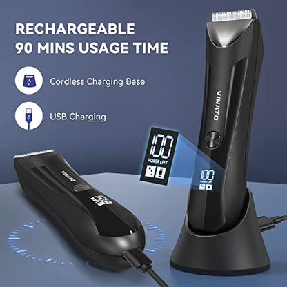 Electric Body Hair Trimmer Shaver - VINATO Waterproof Groin for Men Ball USB Recharge Dock Grooming Kit Replaceable Ceramic Blade Male Hygiene Razor 90 Mins Battery Life