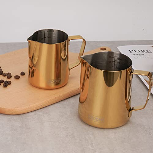 Milk Frothing Pitcher, 12oz Espresso Steaming Pitchers Stainless Steel Milk Coffee Cappuccino Barista Steam Pitchers Milk Jug Cup with Decorating Pen Latte Art, Gold