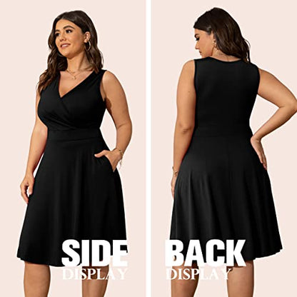 POSESHE Womens Plus Size Black Dresses Sleeveless Wrap V-Neck Stretchy Summer Cocktail Swing Dress,Black,2XL