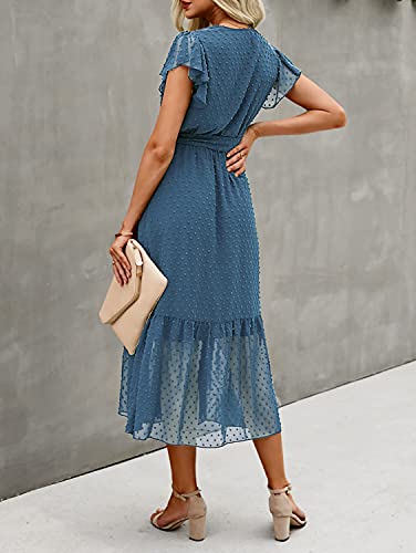 BTFBM Women Summer Bohemian Floral Casual Wrap V Neck Ruffle Cap Sleeveless Belt A-Line Pleated Hem Swing Midi Sun Dress (Swiss Dot Grey Blue, m)