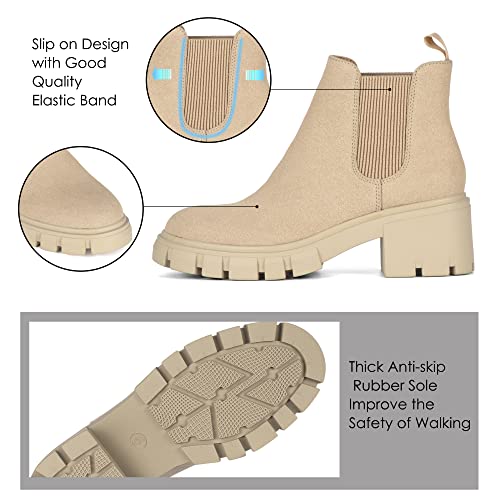 Athlefit Women's Chelsea Boots Fashion Lug Sole Chunky Heel Slip on Elastic Ankle Nude Booties Size 8