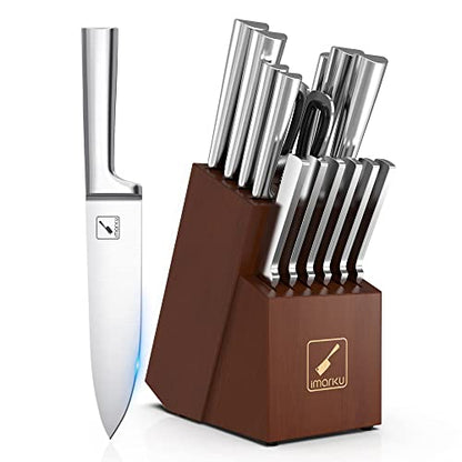 Knife Set - imarku Kitchen Knife Set 15 Piece Japanese Stainless Steel Knife Block Set with Sharpener - Dishwasher Safe Kitchen Knives - Ultra Sharp Chef Knife Set for Kitchen, Silver