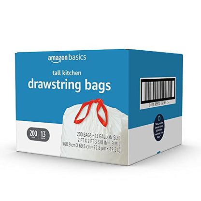 Amazon Basics Tall Kitchen Drawstring Trash Bags, 13 Gallon, Unscented, 200 Count (Previously Solimo)