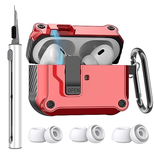 [4 in 1] AirPods Pro 2nd/1st Generation Case Cover with Cleaner kit & 3 Pairs Replacement Ear Tips with Noise Reduction Hole(S/M/L),Automatic Snap Switch Secure Case for Apple AirPods Pro 2nd/1st