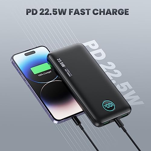 Portable Charger 10800mah,Ultra Slim 22.5W LCD Display Power Bank,Dual QC 4.0 PD USB C Fast Charging Battery Pack,3 Outputs Portable Phone Charger Compatible With Iphone Samsung Android Phone etc