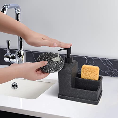 Soap Dispenser with Sponge Holder,Liquid Hand and Dish Soap Dispenser and Spong Caddy with Brush Holder 3 in 1 Countertop Organizer for Kitchen Sink and Bathroom,Black