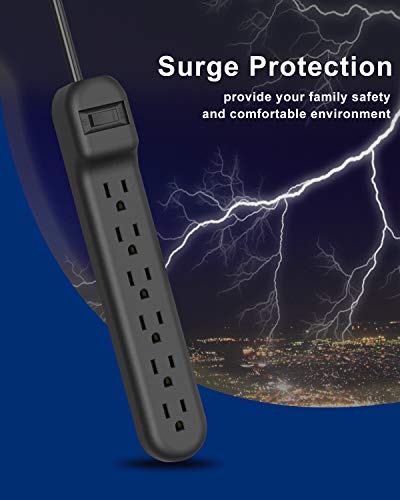 Wishinkle Surge Protector with 6 Outlets, 2.5-Foot Flat Plug Extension Cord Power Strip, 500 Joule, Multiple Protection Outlet Strip for Home, Office, Travel, School-Black, Pack of 2