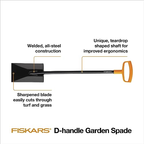 Fiskars Square Garden Spade Shovel - Steel Flat Shovel with 48" D-Handle - Heavy Duty Garden Tool for Digging, Lawn Edging, and Weed Removal - Black/Orange