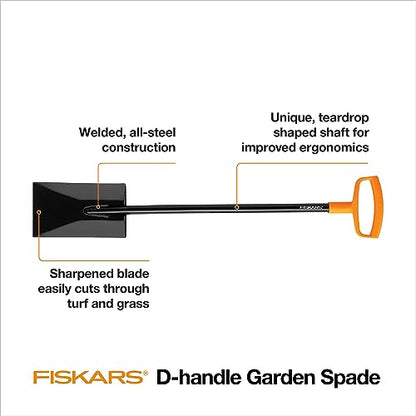 Fiskars Square Garden Spade Shovel - Steel Flat Shovel with 48" D-Handle - Heavy Duty Garden Tool for Digging, Lawn Edging, and Weed Removal - Black/Orange