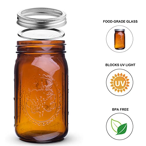 eleganttime Amber Glass Mason Jars 32 oz Wide Mouth with Airtight Lids and Bands 6 Pack Large Glass Canning Mason Jars Quart,Great for Canning Jar Pickle Fermenting Jam Jar