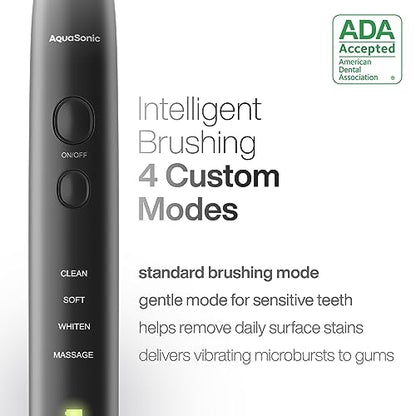 Aquasonic Black Series Ultra Whitening Toothbrush – ADA Accepted Power Toothbrush - 8 Brush Heads & Travel Case – 40,000 VPM Electric Motor & Wireless Charging - 4 Modes w Smart Timer