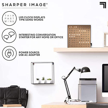 SHARPER IMAGE® LED Light-Up Word Clock, 7.75" Modern Design, Electronic Accent Wall or Desk Clock, USB Cord & Power Adapter, Unique Contemporary Home & Office Decor, Easy Setup, Housewarming Gift