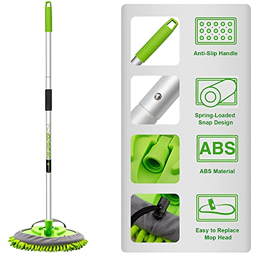 anngrowy 62" Microfiber Car Wash Brush Mop Kit Mitt Sponge with Long Handle Car Cleaning Supplies Kit Duster Washing Car Tools Accessories, 1 Chenille Scratch-Free Replacement Head Aluminum Alloy Pole