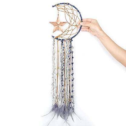 Dremisland Blue Dream Catcher Handmade Half Circle Moon Design Dream Catcher Feather Hanging with Star Home Decoration Ornament Festival Gift (Moon& Star)