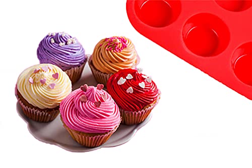 Mini Muffin &Cupcake Set, 24 Cups 2-Pieces, Nonstick Silicone Baking Pan, BPA Free and Dishwasher Safe, Great for Making Muffin Cakes, Tart, Bread (24 Cups Red,2 PCS)