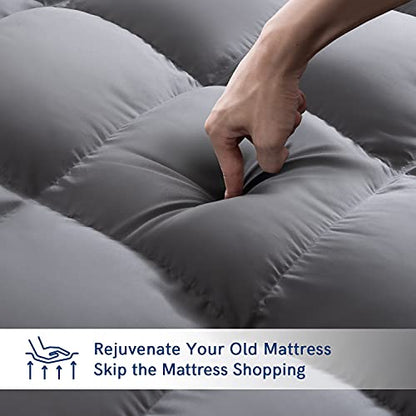 ELEMUSE Cal King Grey Cooling Mattress Topper for Back Pain, Extra Thick Mattress pad Cover, Plush Soft Pillowtop with Elastic Deep Pocket, Overfilled Down Alternative Filling