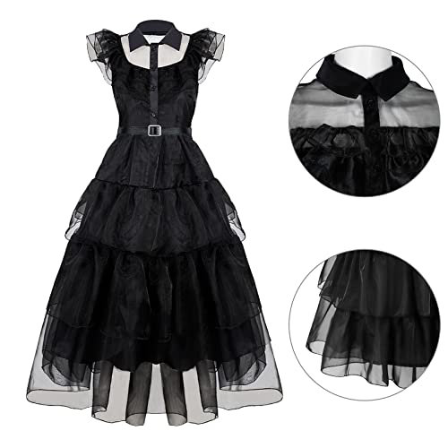 Family Wednesday Costume Women Girl Vintage Goth Black Dress Cosplay Tulle Lace Skirt Halloween Party Outfit (-Medium-Dress)