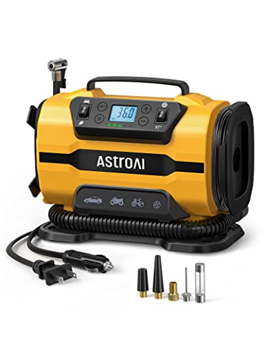 AstroAI Tire Inflator Portable Air Compressor for Car Tire Pump 150PSI 12V DC/110V AC with Dual Metal Motors &LED Light，Automotive Car Accessories&Two mode for car, bicycle tires and air mattresses