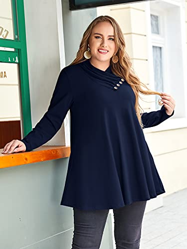 LARACE Cowl Neck Sweatshirts For Women Plus Size Tops With Pockets Long Sleeve Tunic Casual Pullover Button Down Shirt, Navy Blue M