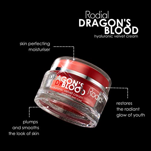 Rodial Dragons Blood Hyaluronic Velvet Cream 1.69fl.oz - Hyaluronic Acid and Hydromanil to Comfort and Replenish Dry Skin - Buttery and Luxurious Cream Texture - Day and Night Care