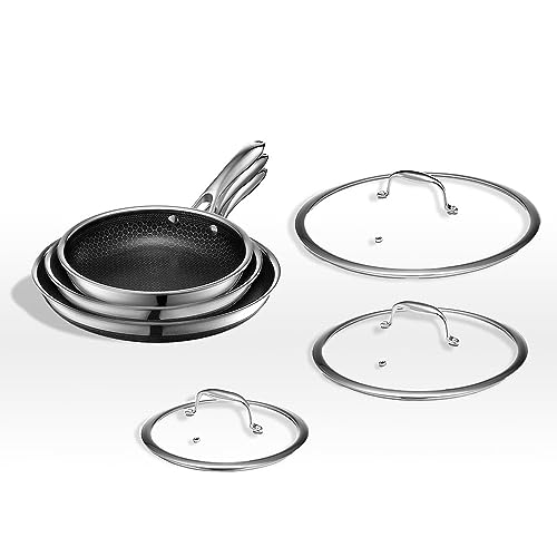 HexClad 6 Piece Hybrid Nonstick Pan Set 8, 10 and 12 Inch Frying Pans with Glass Lids, Dishwasher and Oven Safe, Works on Induction, Ceramic and Gas Cooktops