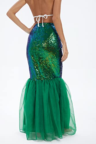 Funna Mermaid Costume for Women Sequin Tail Maxi Skirt Halloween Party Green, Medium