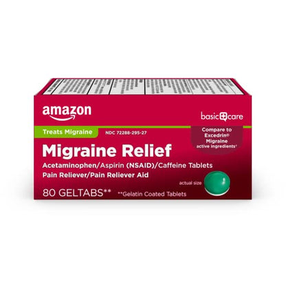 Amazon Basic Care Migraine Relief Geltabs, Acetaminophen, Aspirin (NSAID) and Caffeine, 80 Count