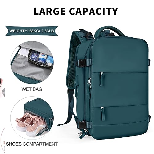 coowoz Large Travel Backpack For Women Men,Carry On Flight Approved,Hiking Waterproof Outdoor Sports Rucksack Casual Daypack Fit 15.6 Inch Laptop Shoes Compartment (Peacock Blue)